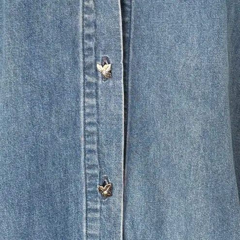 Vintage fall Denim Shirt Large – Studded Leaf Embroidery 90s Style Blue