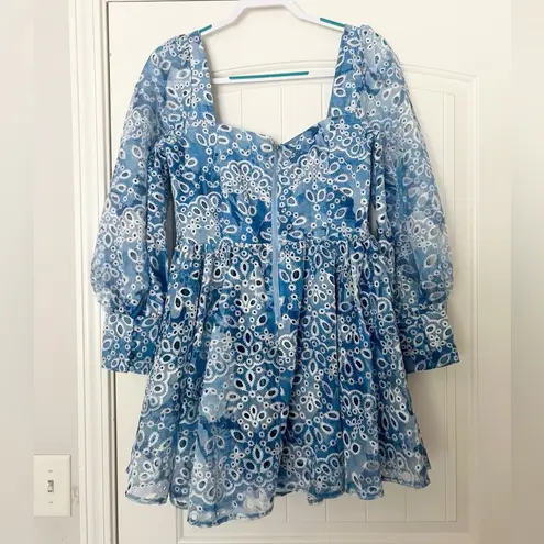 Bardot Lila Eyelet Corset Long Sleeve Minidress Blue Garden