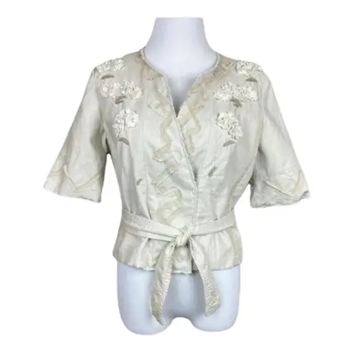 Elie Tahari Wrap Jacket M Linen Beige Floral Applique Crop Short Sleeve