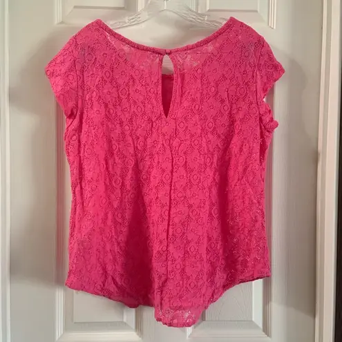Stylus Hot Pink lace Flutter Sleeve Scoop Neck Top size Large