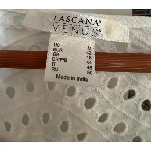 Lascana for Venus White Peasant Blouse Size M Eyelet Lace Tassel Boho Top Size M