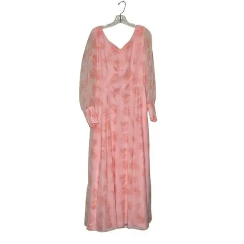 Handmade VINTAGE 70s Sheer Peach Chiffon Overlay Poet Sleeve Maxi Hostess Dress