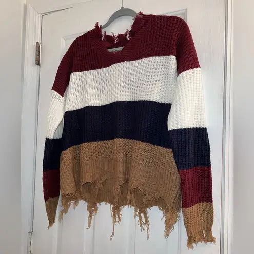 Size 1X plus red white blue brown fringe distressed vneck sweater