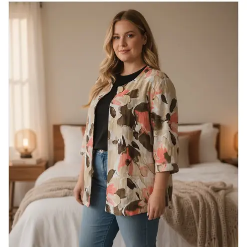 Maggie Barnes multicolor floral linen blend jacket 3/4 sleeves PLUS Size 1X