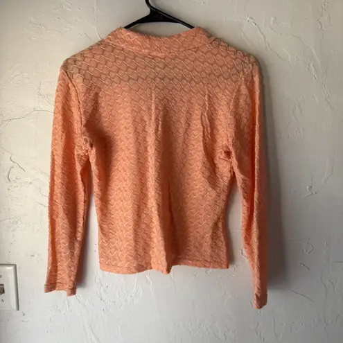 Fuego USA Vintage 70s Sheer Mesh Diamond Pattern Collared Retro Shirt Top Peach Orange Size L