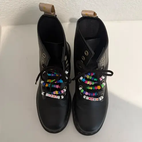 Dr. Martens  Docs 14045 Black Vegan Leather Combat Boots Rainbow Beaded Laces 8