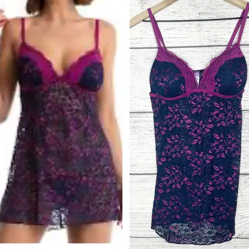 Lilac + London Blue & Purple Sheer Floral Lace Babydoll Chemise Size Medium