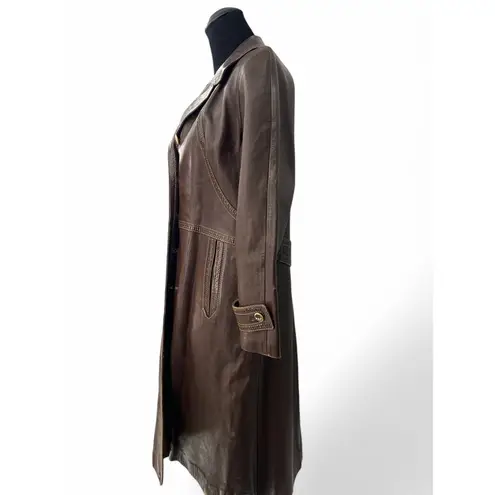 Vintage 70's Leda Spain Women's Leather Trench Coat Jacket Midi Length Brown