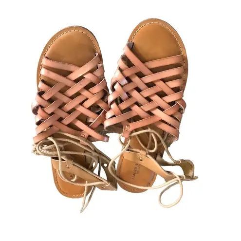 American Eagle Leather Lace Up Flat Sandal Sz. 9 Brown Festival Strappy Boho