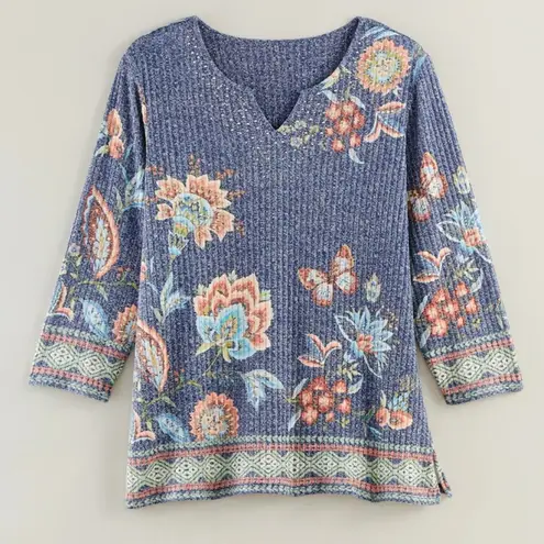 Alfred Dunner Scottsdale Blue Floral Print 3/4 Sleeve Patterned Ribbed Top Sz MP