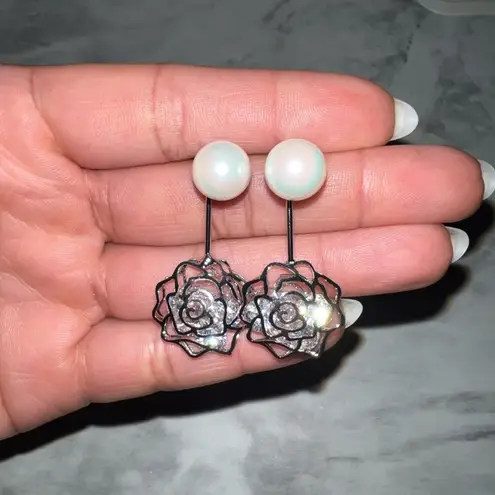 Sparkly, Rose Stud Drop Fashion Earrings, Silver, Pearl Silver