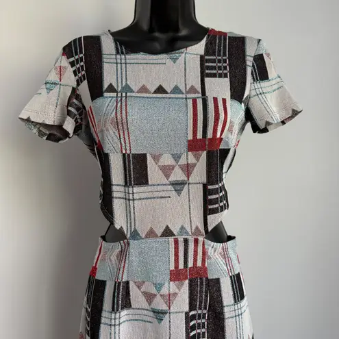 SUNO Womens Dress Size 2 Geometric Mini Short Sleeve Cut Out Retro Tan