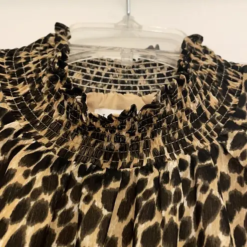 J Crew Factory Leopard Long Sleeve Chiffon Gathered Mock Neck Blouse Tan Size XS