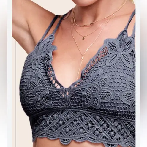 Lace Crochet Longline Bralette Crop Dark Gray Boho Floral Neutral Summer Size S