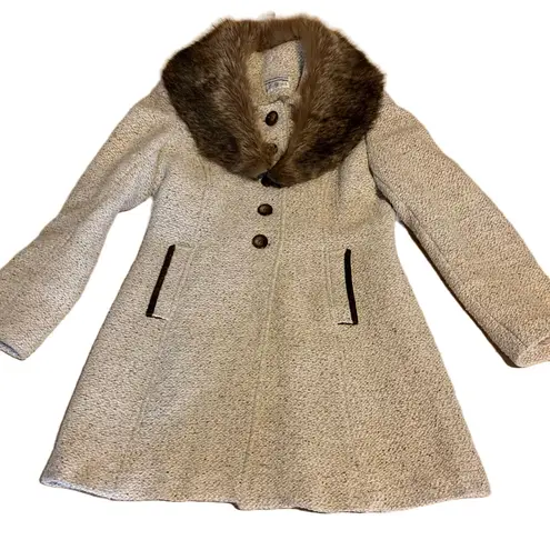 VINTAGE CIRCA 1980'S J. MARCO BEIGE & BROWN WOOL & FOX FUR COLLAR COAT (S)