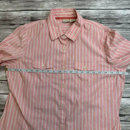 L.L.Bean  Women's Striped Button Down Roll Tab Blouse L LG Large Reg Pink White