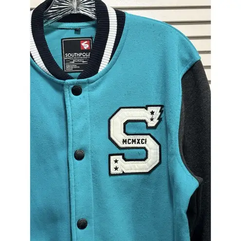 Southpole Varsity Jacket Teal/Gray Snap Up Pockets Size Large Embroidered Logo Blue