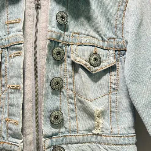 Z Cavaricci Size XS Distressed Cropped Denim Jacket Sweatshirt Removable Hoodie Blue