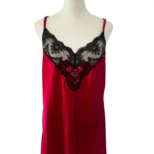 Vanity Fair Vintage Nightgown black Lace and Shiny red Satin USA Slip Gown large