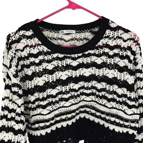 ZARA  Womens Pullover Open Knit Stripe Long Sleeve Sweater Black White Size Small