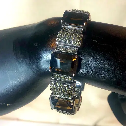 JUDITH JACK Sterling Silver Marcasite & Emerald Cut Smoky Topaz Bracelet