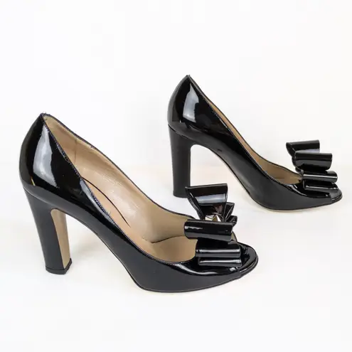 Valentino Garavani Black Patent Leather Peep Toe Bow Pump Rockstud Women's 37.5