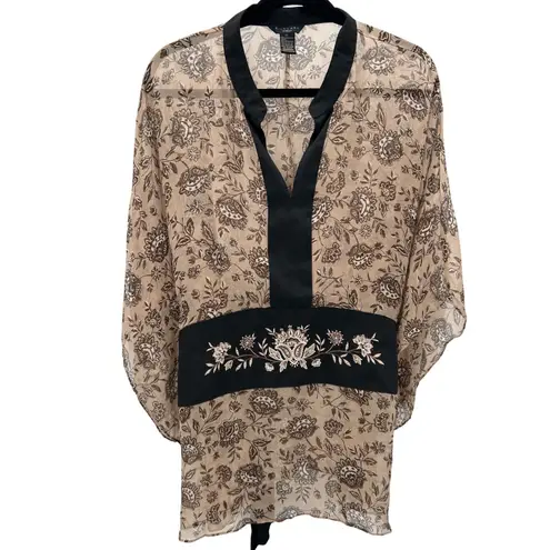 Silkland Woman Y2K Sheer Floral Embroidered Kimono Shirt Tie Back Black Sz 1X XL Brown