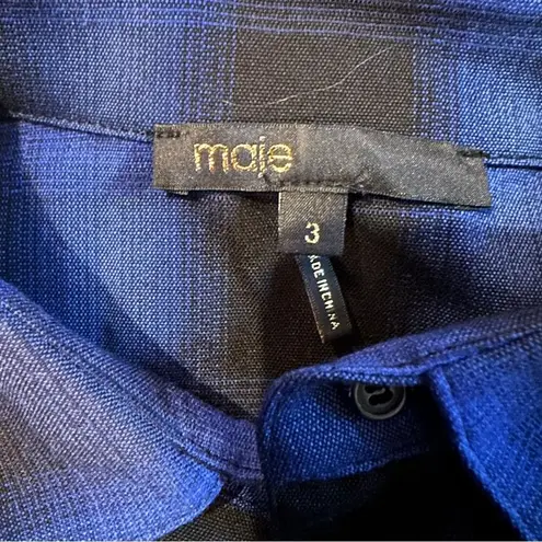 Maje  Rulyl Blue & Black Plaid Checkered Long Sleeve Tie Front Button Shirt Dress