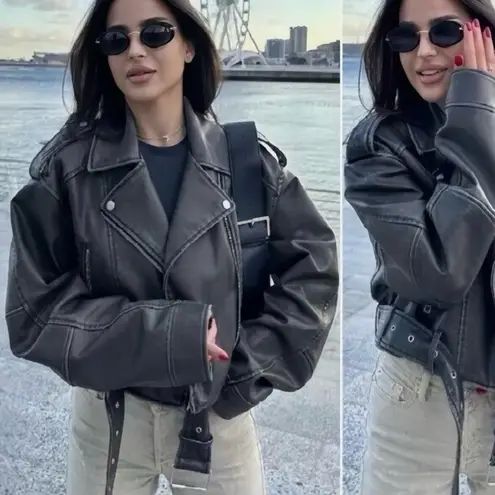 ZARA  Molly Mae Cropped Faux Leather Moto Jacket Charcoal Size S - Image 2