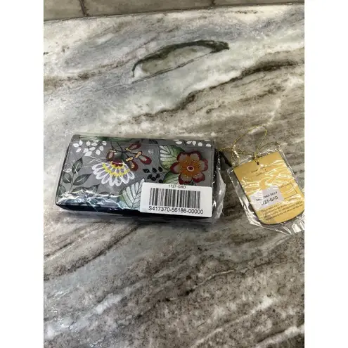 Anuschka Women's Hand Painted Wallet Floral Design Gray Green Leaves