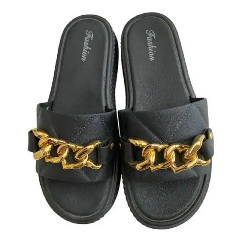 Elegant Black Sandals with Gold Chain by Fashion Size 7