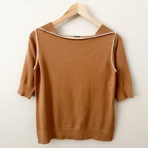MADELEINE | Tan Brown White Piping Short Sleeve Sweater Top Blouse | Size Medium