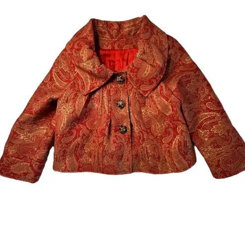 Handmade Custom Red Gold Paisley Brocade Jacket Womens Small Blazer Wide Collar