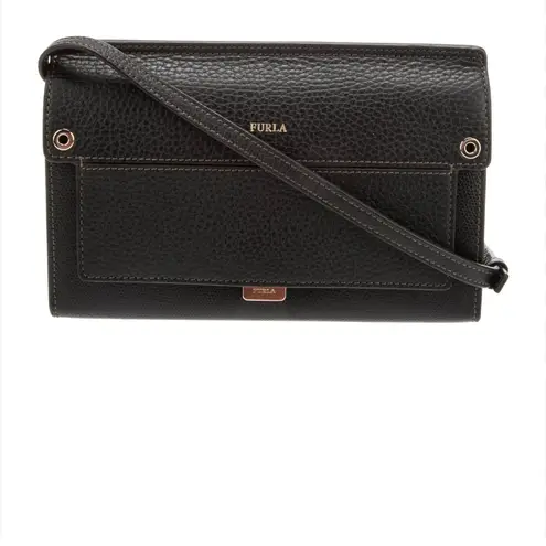 Furla Dark Black Pebble Leather Shoulder Bag | Crossbody Wallet Purse Authentic