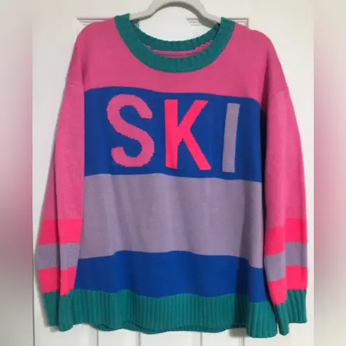 SKI multicolor pink blue sweater retro outdoor womens size large 80s 90s cozy