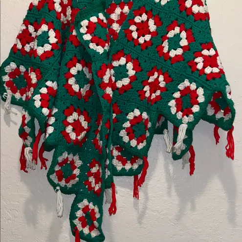 Vintage handmade Granny Square Green and Red Crochet Shawl