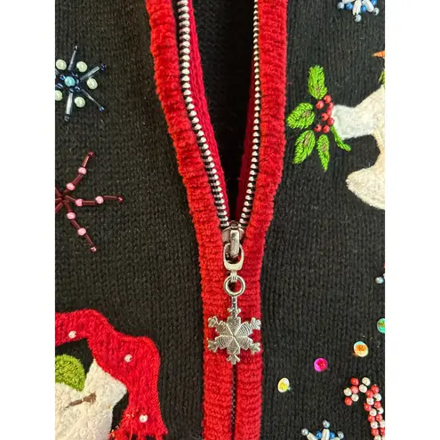 White Stag Holiday Knit Vest Snowmen Frolicking Sequins Beads Embroidered Black