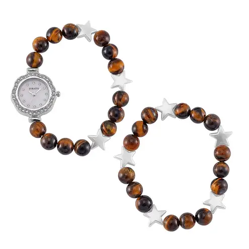 Strada Tigers Eye, Crystal Japanese Movement Beaded Stretch Watch and Bracelet Brown