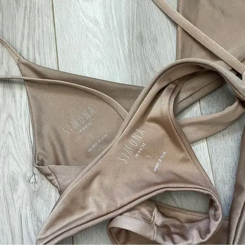 Simona Swimwear Bikini bralette thong cheeky womens Beige (small) minimal skimpy Tan