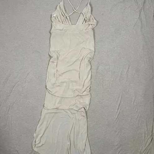 Mable Ruched Wrap Maxi Dress Beige Spaghetti Strap Halter Neck Size S