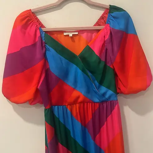 Skies Are Blue Bold Colorful Tiered Maxi Dress Puff Sleeve faux wrap size XS