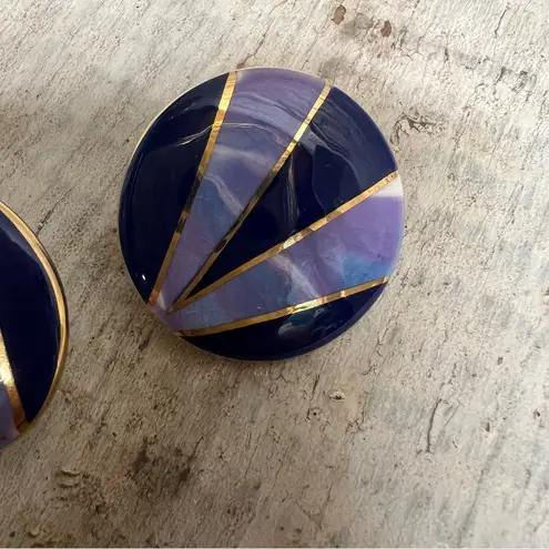 Vintage Purple Navy Gold Round Statement Earrings 80s Geometric Jewelry Blue