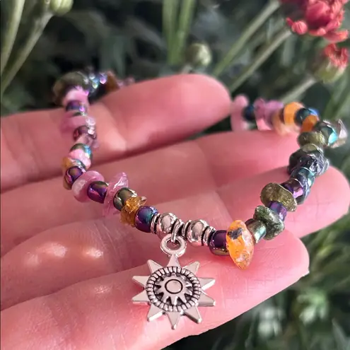 Handmade Rainbow Tourmaline + Seed Bead Bracelet with Sun Charm * 🌞🌈