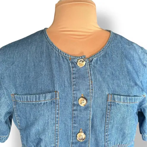 90s Denim Midi Dress USA Made Button Front Short Sleeve Empire Waist Jean Dress Blue Size M