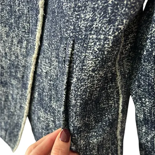 Ecru Women’s Blue Printed Fringe Trim Tweed Jacket Asymmetrical Zip Blazer Small