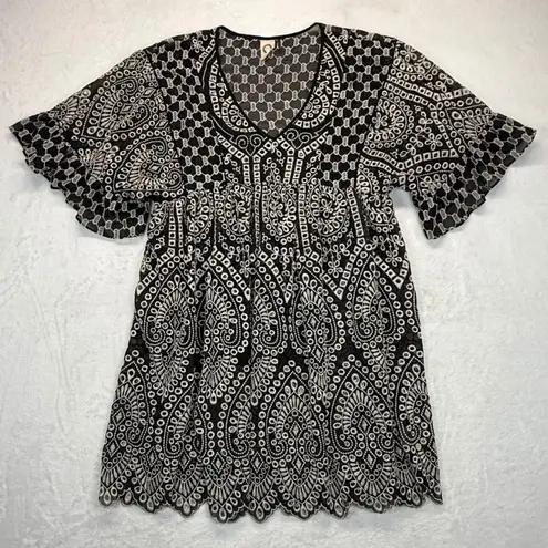 Akemi + Kin Akemi + Kin Embroidered Mini Dress Bell Sleeve Sheer Black White Size 0