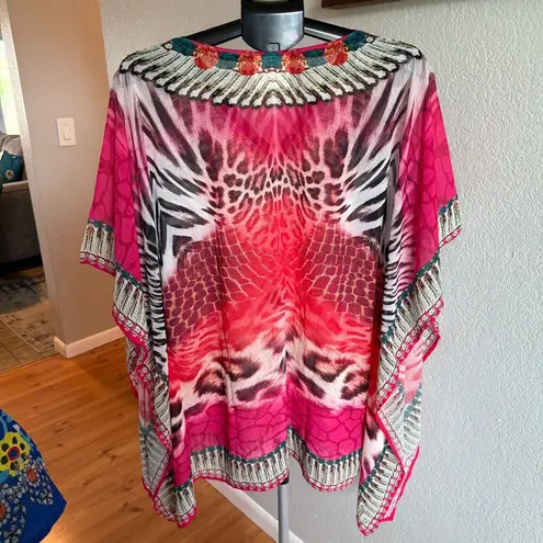 NWOT ASA Kaftans Caftan Swim Coverup Beachy Kimono Bright Leopard Print. Size S Pink