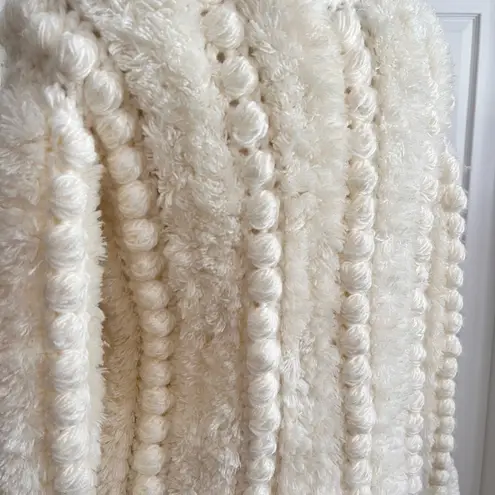 Vintage Chunky Knit Cardigan Coat Jacket Pom Pom Crochet S Small White
