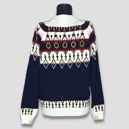 Vintage 90s JCPenney Sweater Fair Isle Ski Acrylic Mock Neck Navy Blue/White M Blue Size M