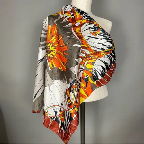 Floral Scarf Orange Gray Artsy Silky Flower Design Square 25.5" x 26" Funky Bold